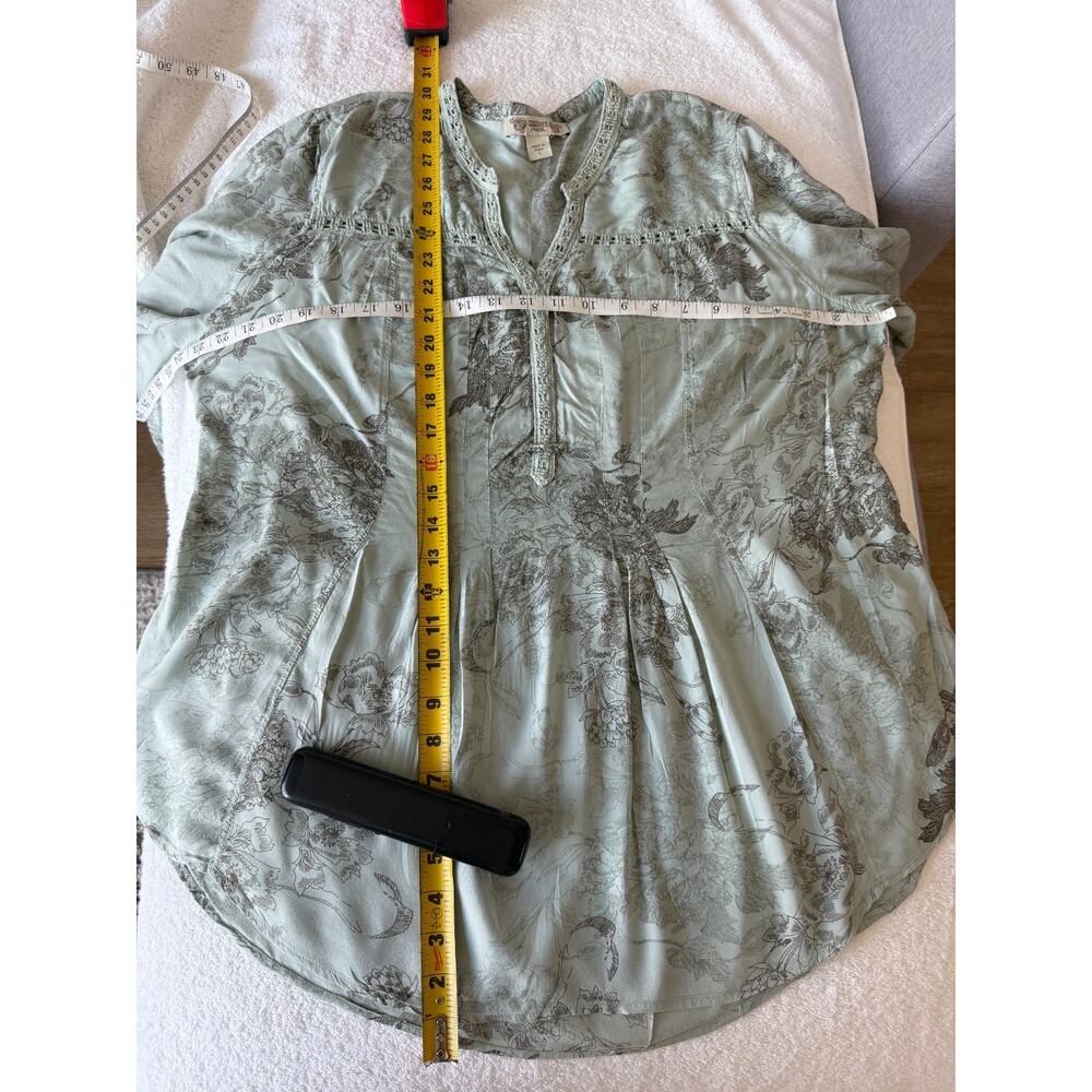 Vintage America Boho Peasant Tunic Top sage Floral Crochet Trim Cottagecore L - Picture 6 of 10